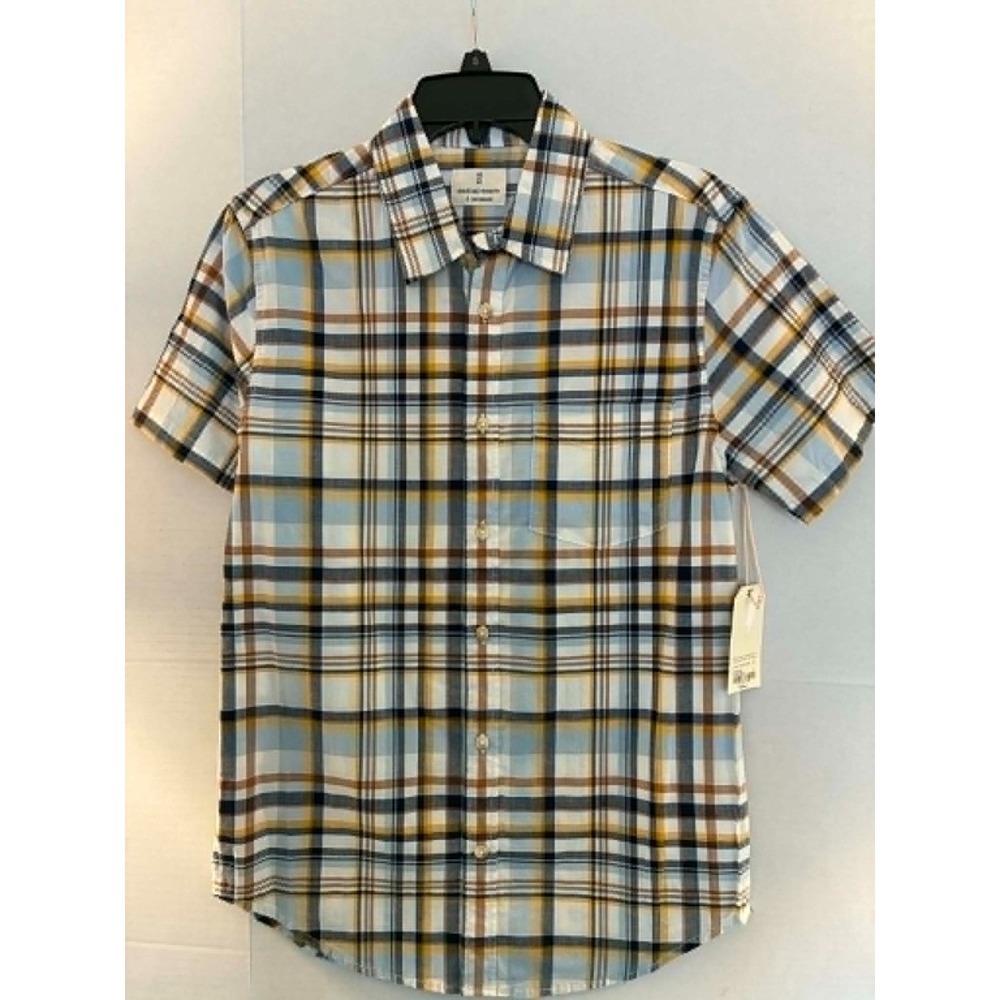 Mutual Weave Mens Small Plaid Button Down Shirt Blue Yellow Cotton Blend Casual